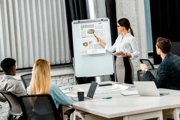 A group of people discussing the success of a mental health marketing campaign A group of people discussing the success of a mental health marketing campaign